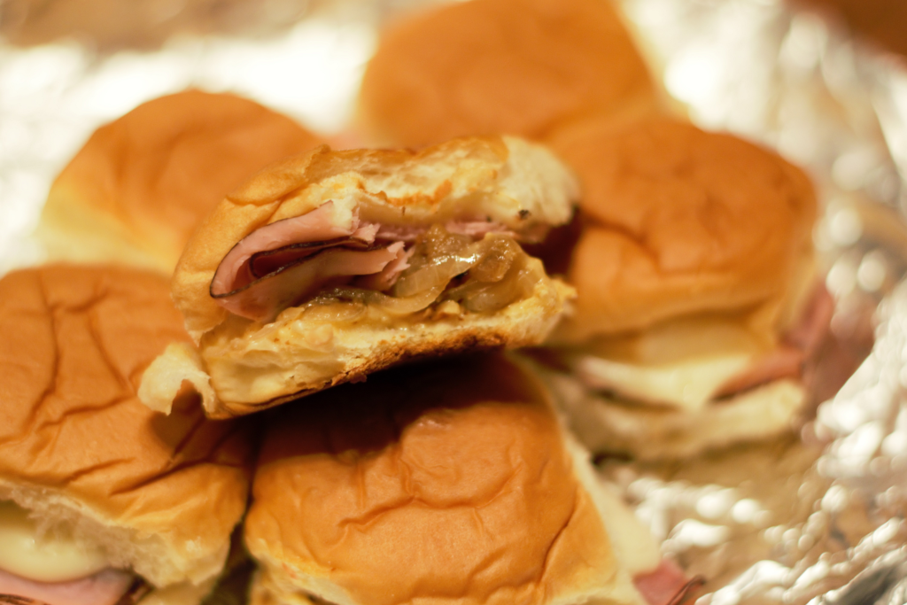 Hot Ham, Mozzarella, & Caramelized Onion Sliders